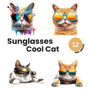 Watercolor cat clipart- Watercolor cool cat sunglasses clipart, Digital Paper Craft, Mix media, Junk journal, Kitten clipart, Cool cat png