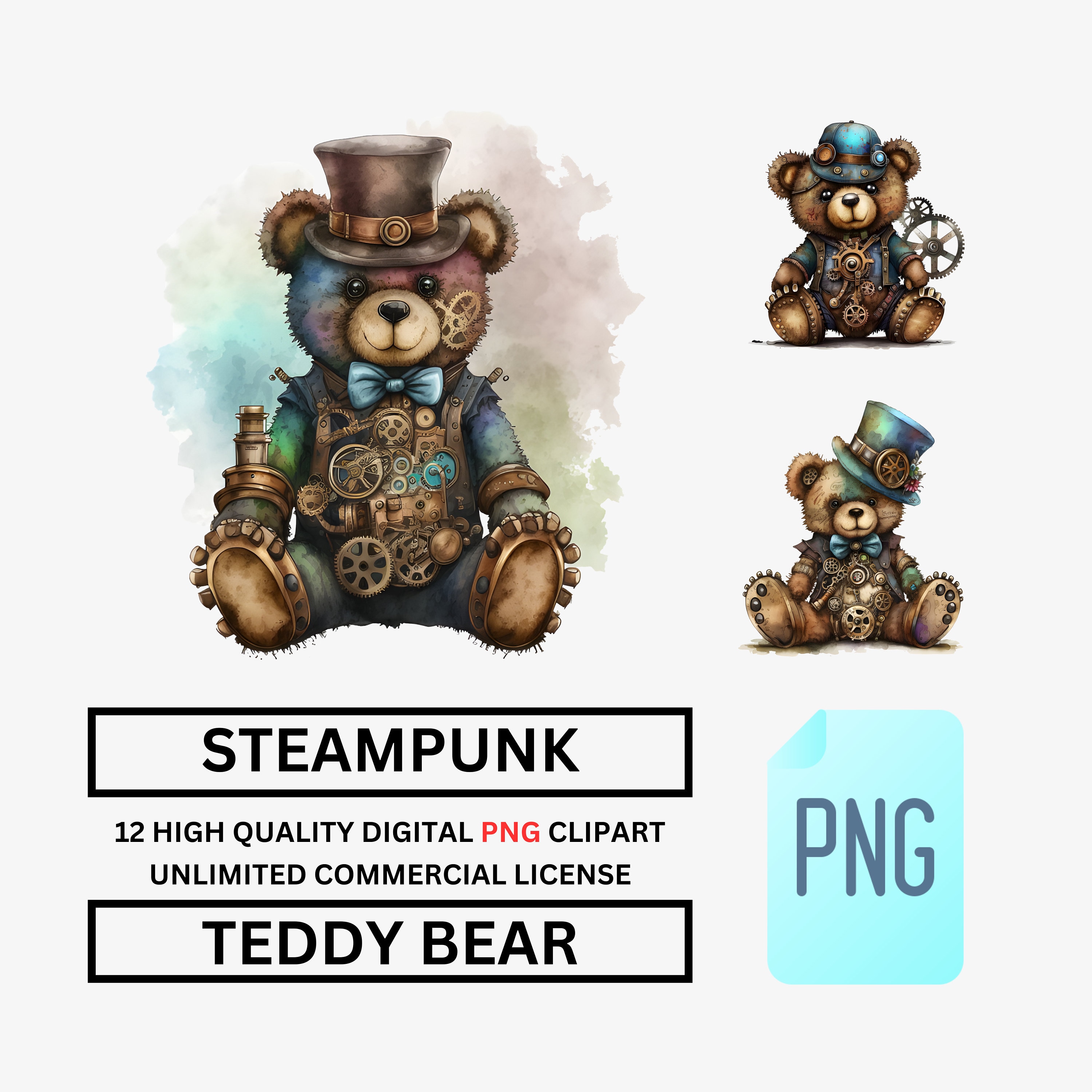 Watercolor Steampunk Teddy Bear Clipart 12 High Quality PNG - Etsy