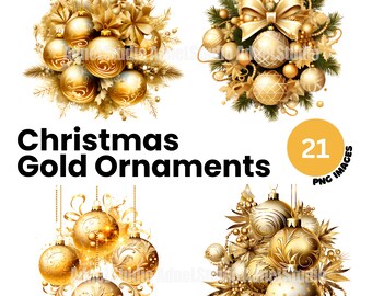 Gold Christmas Ornaments Clipart, Watercolor Christmas Ornament PNG, Christmas Clipart, Christmas Decoration Clipart, Christmas Junk Journal