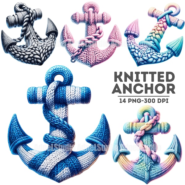 Watercolor Knitted Anchor Clipart - Classic Nautical Clipart, Nautical Wall Decor, Nautical Junk Journal, Marine Clipart, Knitted Anchor PNG