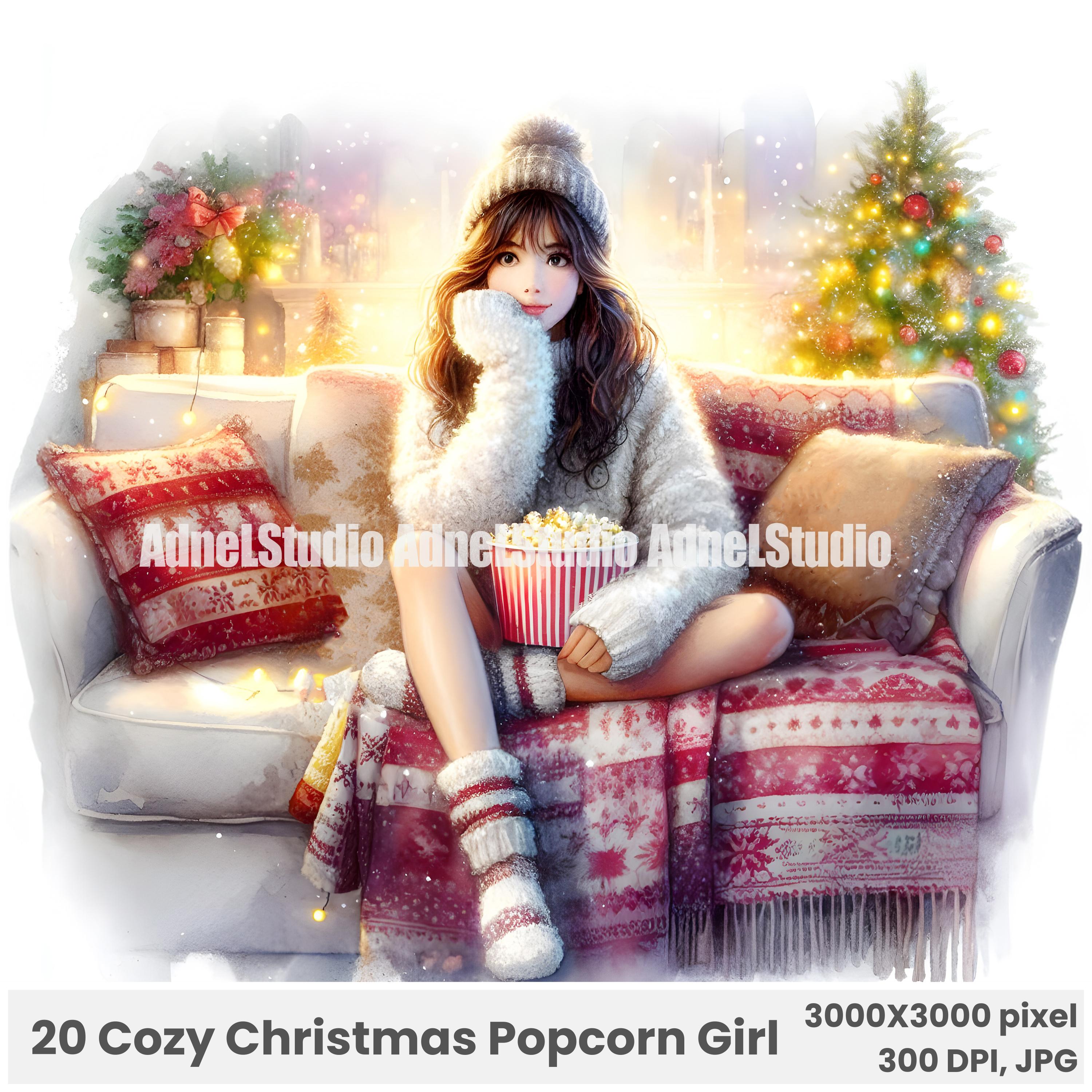 20 Cozy Christmas Popcorn Girl Clipart, Festive Christmas Movie Night Art, Cozy Winter Sofa Scene Aesthetic, Festive Popcorn Girl Art
