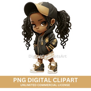 Cute Black Chibi Girl Clipart, Black Hip Hop Girl PNG, Afro Fashion Black Girl Clipart, DreadLock Black Girl PNG, Black Girl Magic Clipart image 7