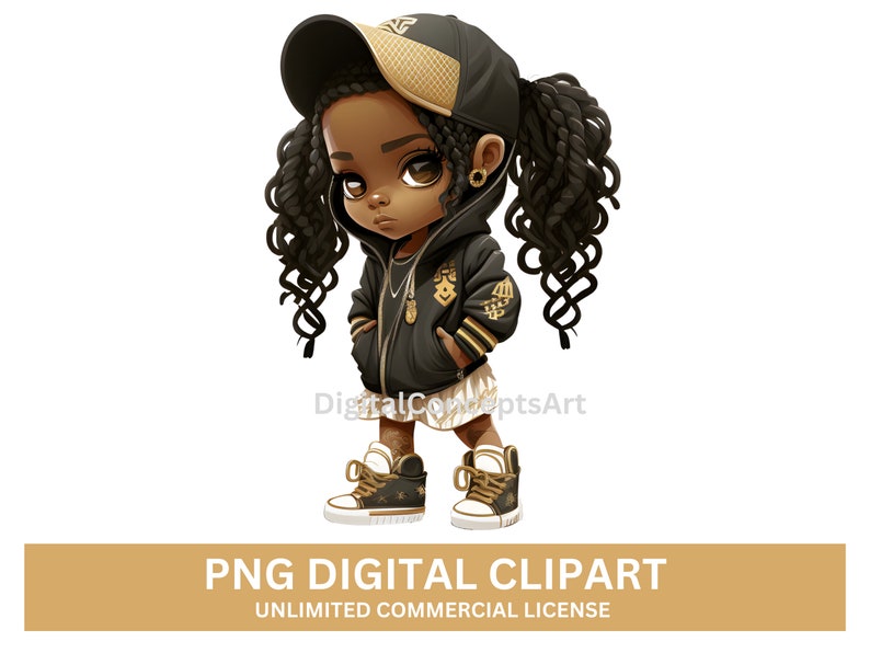 Cute Black Chibi Girl Clipart, Black Hip Hop Girl PNG, Afro Fashion Black Girl Clipart, DreadLock Black Girl PNG, Black Girl Magic Clipart image 7