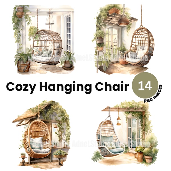 Watercolor Cottage Clipart - Cozy Hanging Chair Clipart, Vintage Cottagecore Clipart, Cottage Life Clipart, Cozy Country House Clipart