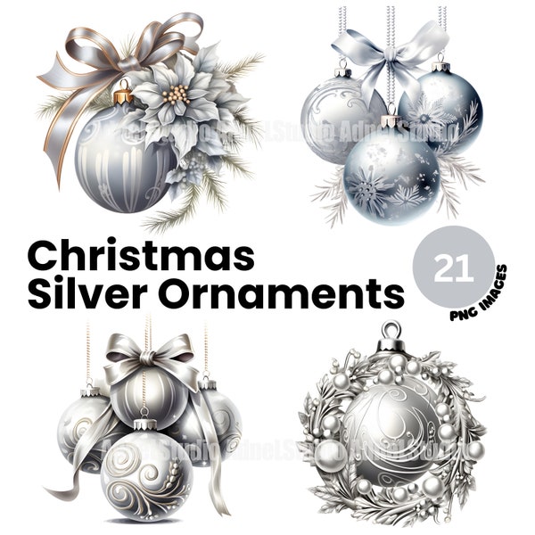 Silver Christmas Ornaments Clipart, Watercolor Ornament Clipart, Christmas Clipart, Christmas Decoration Clipart, Christmas Junk Journal