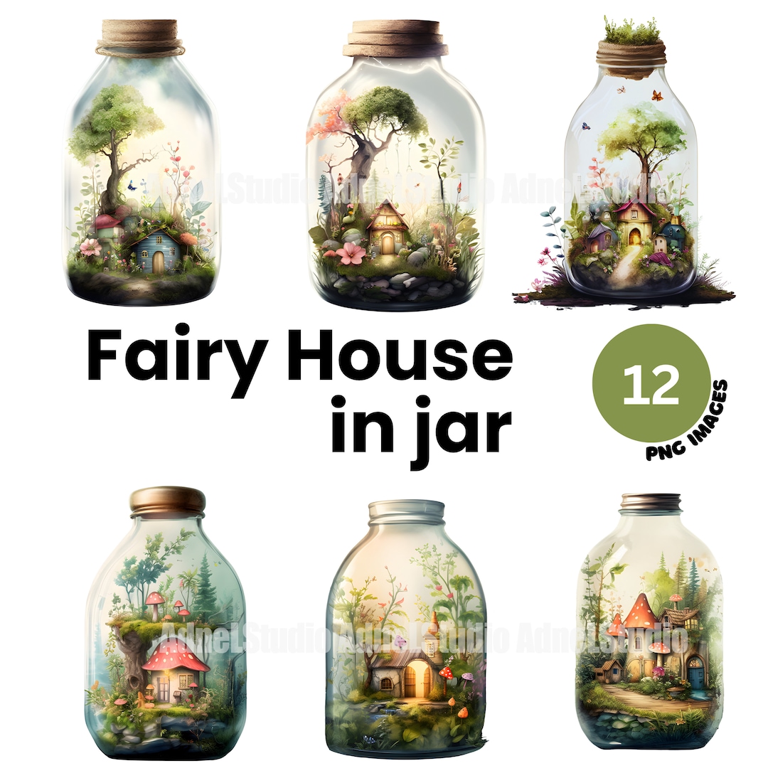 Watercolor Fairy House in Jar Clipart - Fairy House in Jar Printable ...