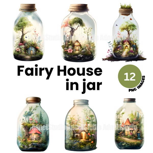 Watercolor fairy house in jar Clipart - Fairy house in jar printable png, Magic mushroom house clipart, Watercolor Jar diy crafting paper