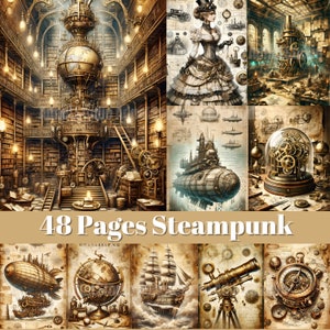 Diario spazzatura Steampunk vintage, diario spazzatura vittoriano, pagina effimera Steampunk, media misti Steampunk, collage di immagini di sfondo Steampunk