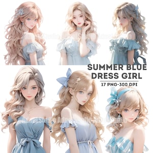 Summer blue Dress Girl Clipart, Blue Dress Women Clipart, Anime Girl Stickers, Urban Fashion Girl Papercraft, Cozy Dress Girl Clipart