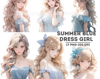 Summer blue Dress Girl Clipart, Blue Dress Women Clipart, Anime Girl Stickers, Urban Fashion Girl Papercraft, Cozy Dress Girl Clipart