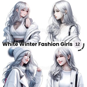 White Winter Fashion Girl Clipart - Winter Fashion Dress Girl, Fashion Girl Papercraft, Dress Fashion Girl Scrapbooking, Anime Girl Stickers