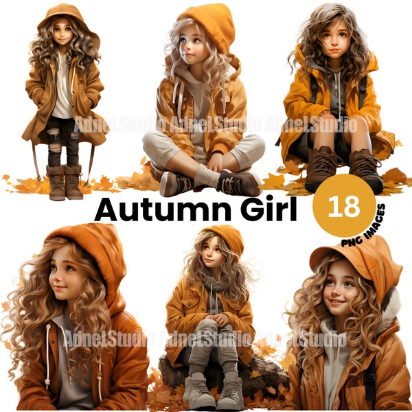 Autumn Girl Clipart - Watercolor Autumn Fashion Girl Clipart, Transparent PNG, Digital Download, Card Making, Children Fashion Illustration