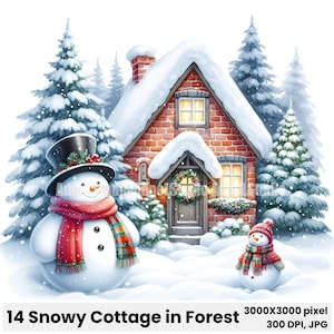 Chalet enneigé dans la forêt d'hiver des cliparts, chalet de vacances de Noël avec bonhomme de neige, scène d'hiver confortable, art rustique de Noël, pays des merveilles d'hiver