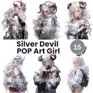 Silver Devil Pop Art Girl Clipart - Silver Devil Clipart, pegatinas de chicas anime, imágenes prediseñadas del diablo encantado, imágenes prediseñadas de la chica de fantasía, pegatinas del diablo