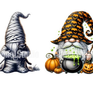 May include: Two Halloween gnomes, one dressed as a mummy holding a black cat and the other dressed as a witch with a cauldron and pumpkins.