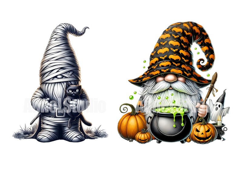 May include: Two Halloween gnomes, one dressed as a mummy holding a black cat and the other dressed as a witch with a cauldron and pumpkins.