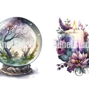 May include: A watercolor painting of a snow globe with a small house and trees inside. The snow globe is on a wooden base. There is also a watercolor painting of a candle with a flame and purple flowers.