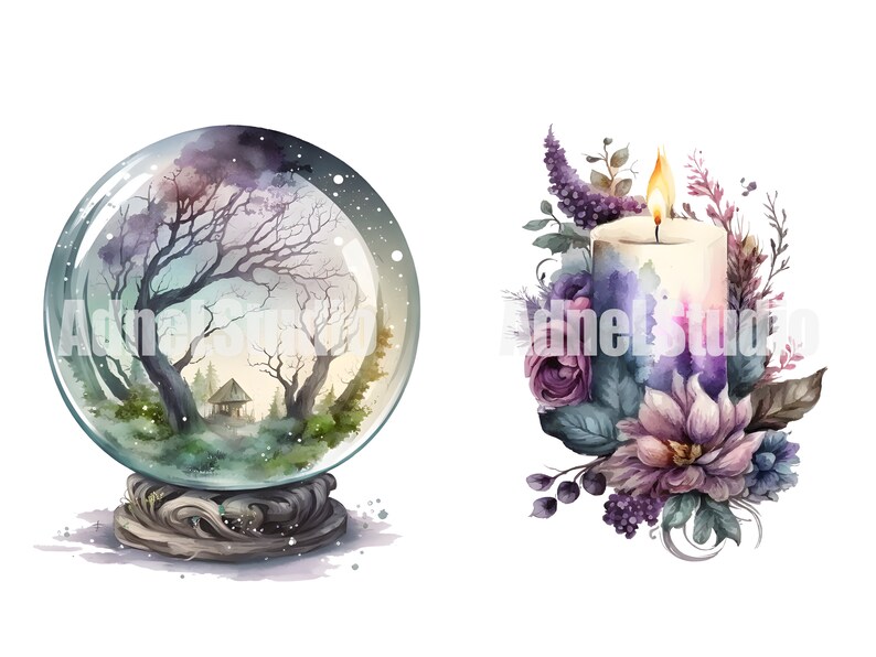 May include: A watercolor painting of a snow globe with a small house and trees inside. The snow globe is on a wooden base. There is also a watercolor painting of a candle with a flame and purple flowers.