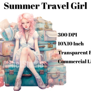 May include: A pink-haired girl sits on a stack of vintage suitcases, wearing a white dress and holding a necklace. The suitcases are decorated with floral patterns and have a worn, vintage look. The image is 10 inches by 10 inches and has a resolution of 300 DPI.