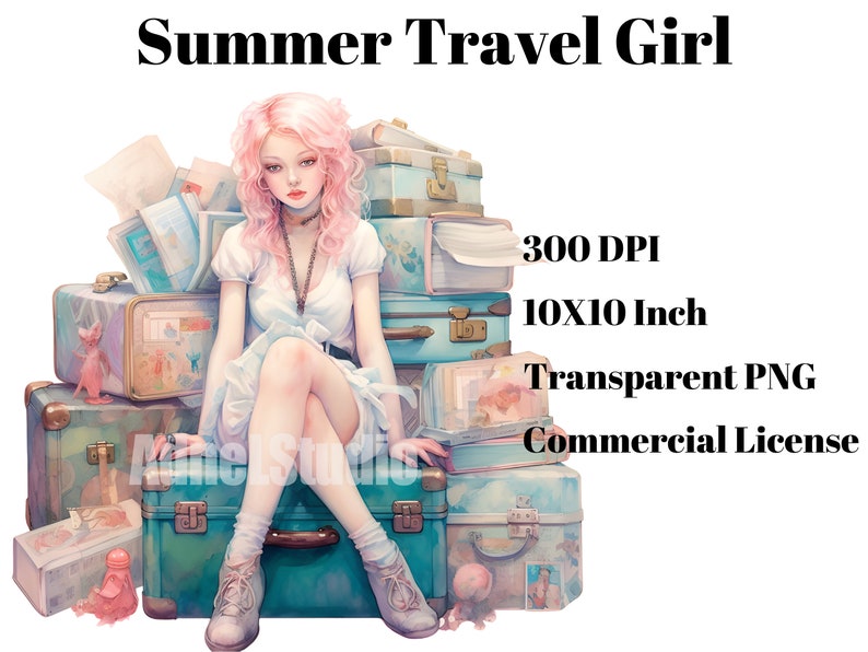 May include: A pink-haired girl sits on a stack of vintage suitcases, wearing a white dress and holding a necklace. The suitcases are decorated with floral patterns and have a worn, vintage look. The image is 10 inches by 10 inches and has a resolution of 300 DPI.