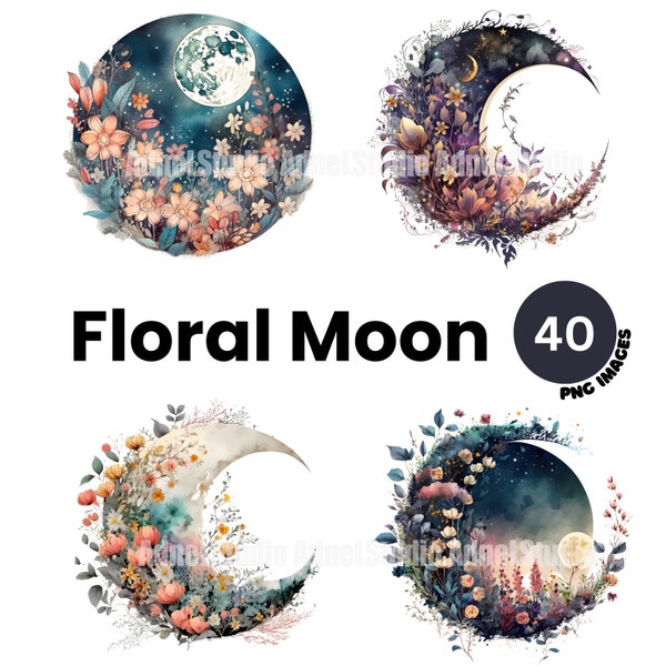 Watercolor floral moon clipart - Watercolor mystical floral moon clipart, Floral crescent moon png, DIY paper crafting floral moon bundle