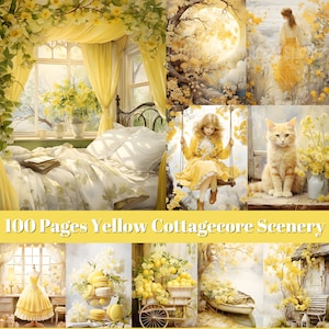 Cozy Yellow Scenery Junk Journal, Vintage Spring Landscape Journal Page, Cozy Spring Ephemera, Spring Cottage Mixed Media, Cottage Wallpaper