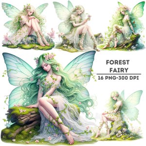 Imágenes prediseñadas de hadas del bosque en acuarela, imágenes prediseñadas de hadas de fantasía, gráficos de naturaleza mística, ilustraciones de hadas del bosque, arte de scrapbooking