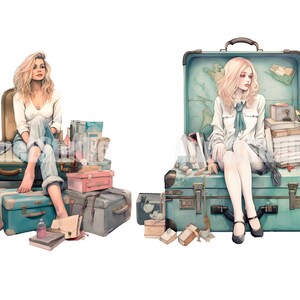 May include: Two women sit on vintage suitcases filled with travel items. One woman wears a white shirt and blue jeans, the other wears a white shirt and a white skirt. Both women have long blonde hair.