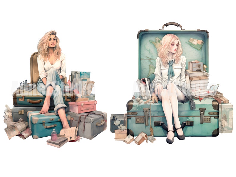 May include: Two women sit on vintage suitcases filled with travel items. One woman wears a white shirt and blue jeans, the other wears a white shirt and a white skirt. Both women have long blonde hair.