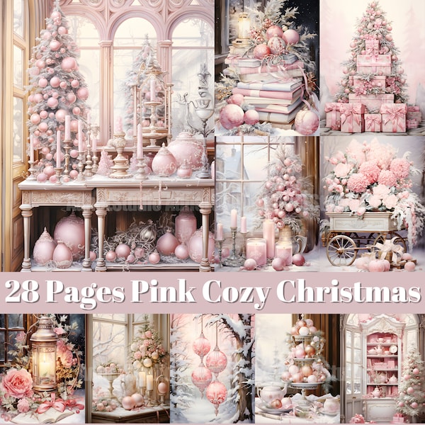 Pink Christmas Junk Journal, Vintage Christmas Journal Pages, Cozy Christmas Ephemera, Mixed Media, Picture Collage, Digital Scrapbooking