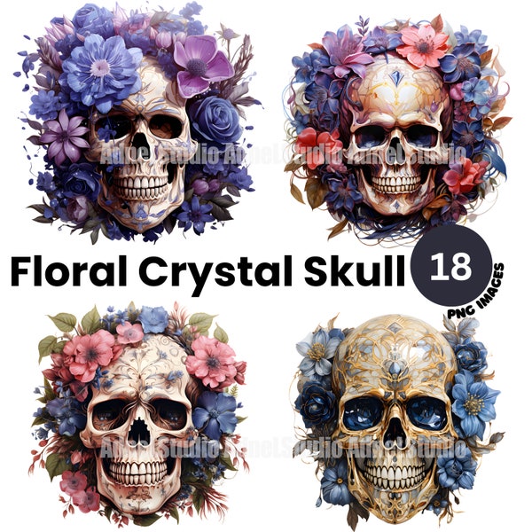 Floral Crystal Skull Clipart - Watercolor Halloween Skull Clipart, Halloween Clipart, Halloween Decor, Halloween Junk Journal, Scrapbooking