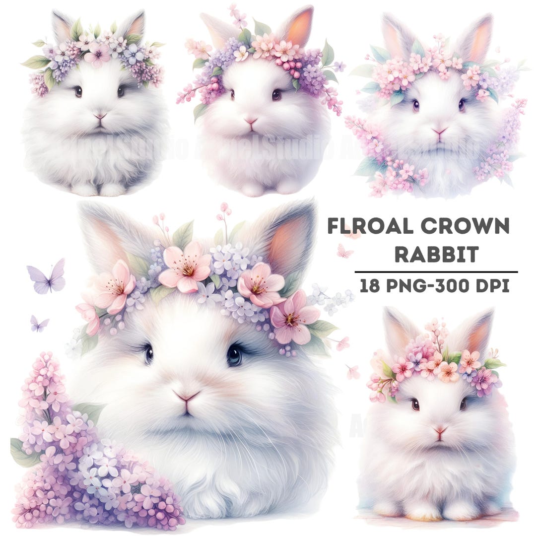 Watercolor Floral Bunny Clipart, Rabbit With Flower Crown Illustrations ...