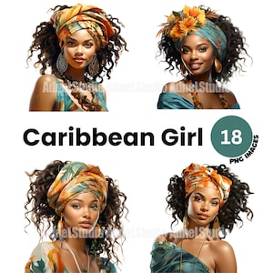 Caribbean Girl Clipart - Caribbean Fashion Girl Clipart, Transparent PNG, Digital Download, Card Making, Caribbean Fashion Illustration