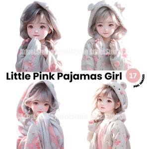 Aquarell rosa Pyjamas Mädchen Clipart, rosa kleines Mädchen Clipart, Kawaii Mädchen Clipart, Anime Mädchen Clipart, Anime Mädchen Aufkleber, Kinderzimmer Clipart