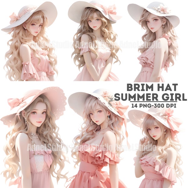 Summer Brim Hat Girl Clipart, Pink Dress Women Clipart, Anime Girl Stickers, Urban Fashion Girl Papercraft, Summer Dress Girl Clipart