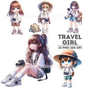 Watercolor Travel Girl Clipart, Summer Girl Clipart, Chibi Girl Clipart, Little Girl Sticker, Anime Girl Clipart, Watercolor Vacation Girl