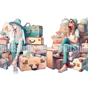May include: Two women sit on stacks of vintage suitcases and travel bags. One woman wears a blue hat and a white shirt, the other wears a blue beanie and a white shirt. Both women are wearing blue jeans.