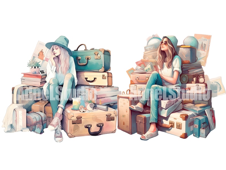 May include: Two women sit on stacks of vintage suitcases and travel bags. One woman wears a blue hat and a white shirt, the other wears a blue beanie and a white shirt. Both women are wearing blue jeans.