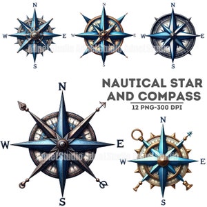 Acuarela estrella náutica y brújula clipart, imágenes prediseñadas náuticas clásicas, decoración de pared náutica, diario basura náutica, imágenes prediseñadas de brújula náutica
