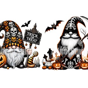 May include: Two Halloween gnomes, one holding a sign that says "Trick or Treat" and the other holding a scythe. Both gnomes are wearing black and orange costumes with skull and bone designs. The gnome with the scythe is standing in front of a graveyard with tombstones.