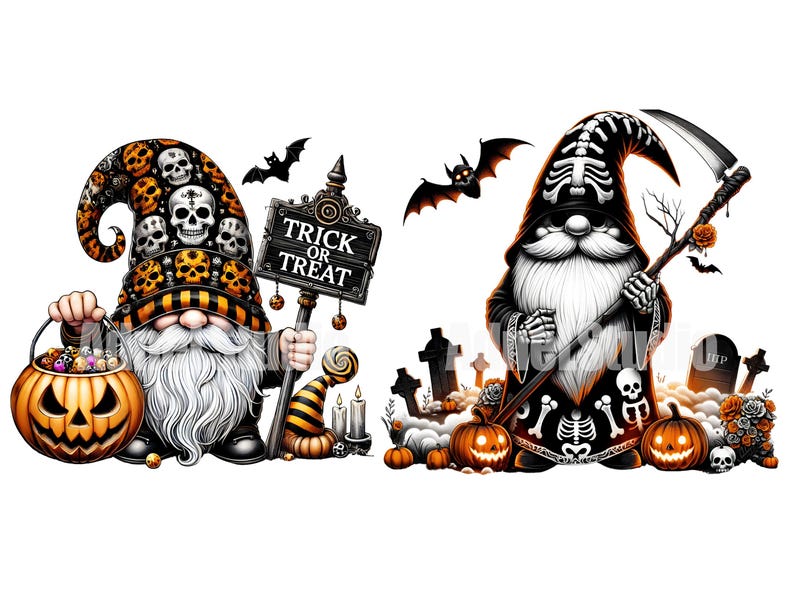 May include: Two Halloween gnomes, one holding a sign that says "Trick or Treat" and the other holding a scythe. Both gnomes are wearing black and orange costumes with skull and bone designs. The gnome with the scythe is standing in front of a graveyard with tombstones.