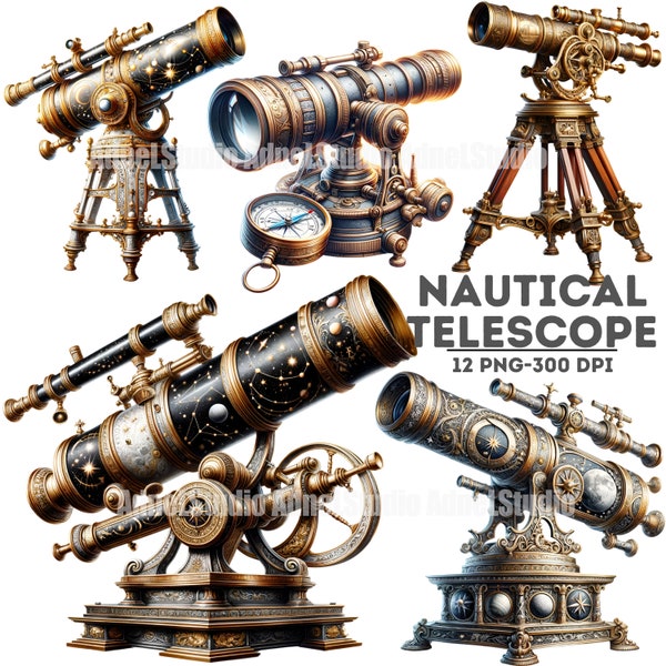 Watercolor Nautical Telescope Clipart - Victorian Telescope Clipart, Classic Nautical Clipart, Nautical Wall Decor, Nautical Junk Journal
