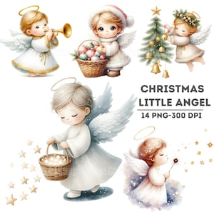 Weihnachten kleiner Engel PNG Set, entzückende Urlaub Engel Illustrationen, niedliche Weihnachtscliparts, Weihnachtsdekor digitaler Download