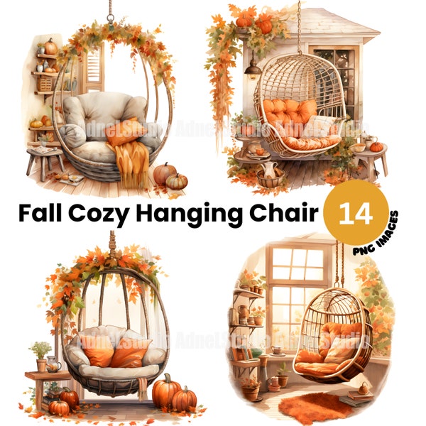 Watercolor Cottage Clipart, Autumn Hanging Chair Clipart, Vintage Cottagecore Clipart, Fall Cottage Life Clipart, Cozy Country House Clipart