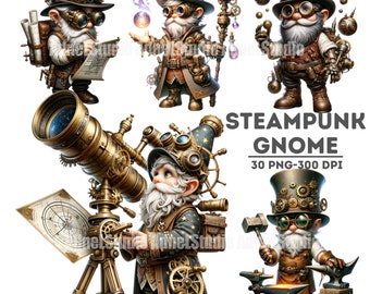 Acuarela Steampunk Gnome Clipart, Steampunk Clipart, Decoración de pared Steampunk, Steampunk Junk Journal, Gnome Clipart, Gnome Sublimation Wraps