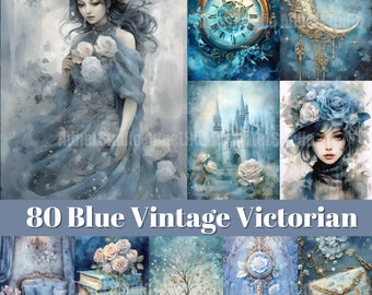 May include: A collage of 80 blue vintage Victorian images. The images include a woman in a blue dress, a clock, a moon, a castle, a tree, a book, a key, and a purse.