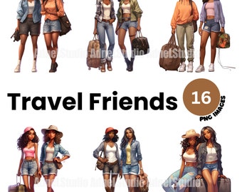 Travel Friends clipart - Watercolor African American Travel Women Clipart, Black Travel Girls Clipart, Travel Junk Journal, Scrapbooking