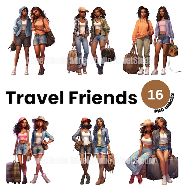 Travel Friends clipart - Watercolor African American Travel Women Clipart, Black Travel Girls Clipart, Travel Junk Journal, Scrapbooking