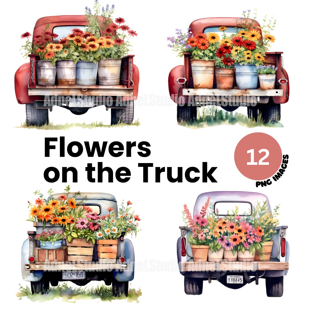 Flower Farm Truck Clipart Watercolor Flower Truck PNG, Cottagecore