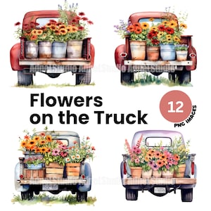 Flower Farm Truck Clipart - Watercolor Flower Truck PNG, Cottagecore Clipart, Floral Farm Truck PNG, Cottage Life PNG, Vintage Farm Truck